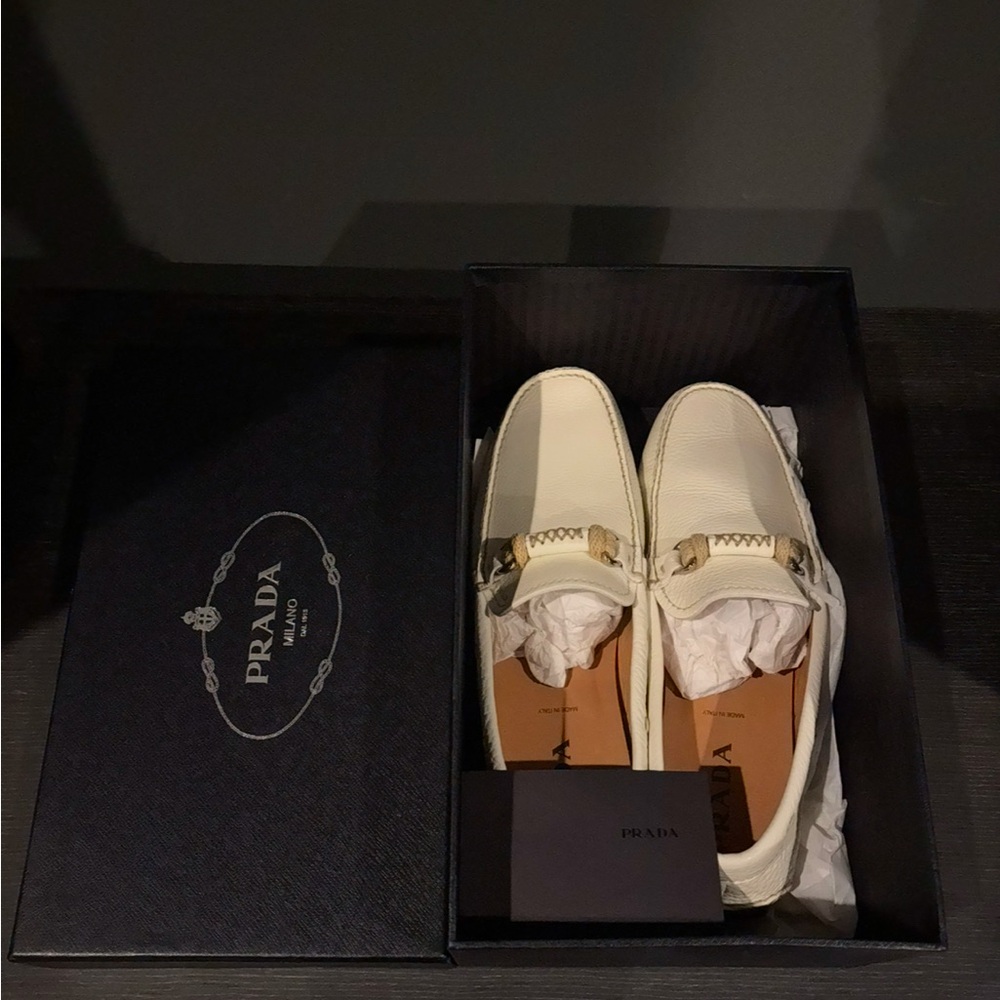 Prada White Pebble Leather Loafers in SIZE 10